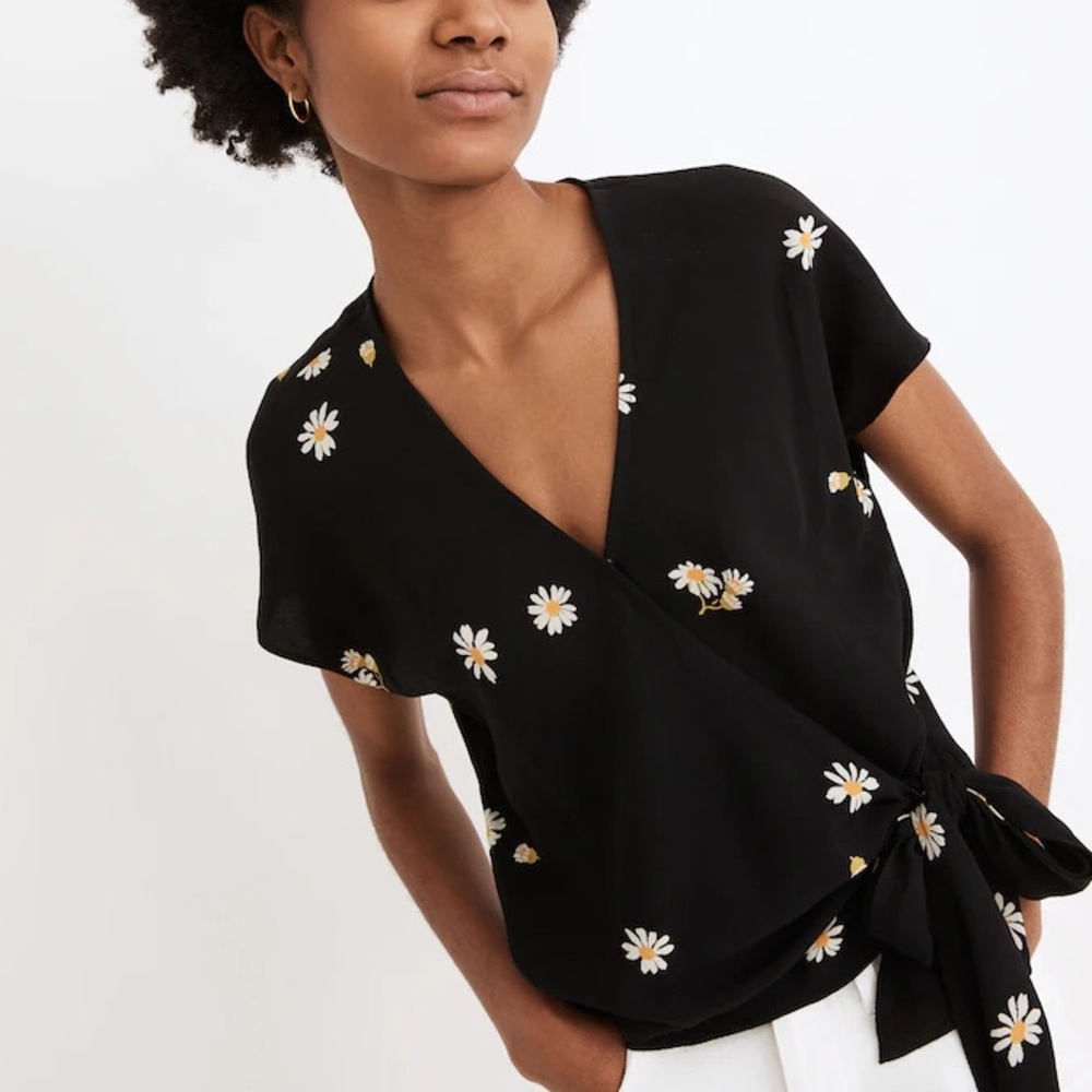 Madewell Black Floral Wrap Blouse